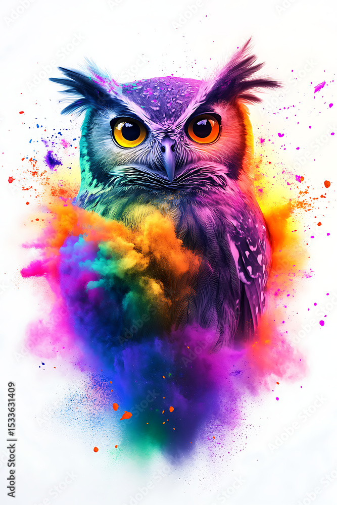 Fototapeta premium Colorful owl emerging from vibrant smoke, showcasing artistic flair and nature's beauty