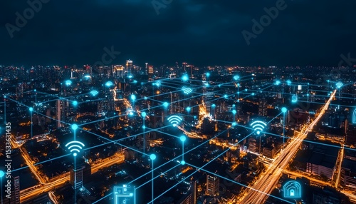 City network at night with wireless signals.