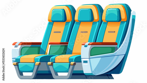 Modern, comfortable airplane passenger seat with fastened seatbelt, ready for takeoff on a white background