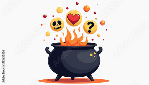 Cauldron bubbling with magical potions and emotive symbols