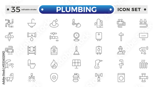 Heating, Ventilation and Plumbing (HVAC & Plumbing) outline Icon Set – Home Maintenance, Repair & Construction Vector Collection. Editable stroke outline icon.
