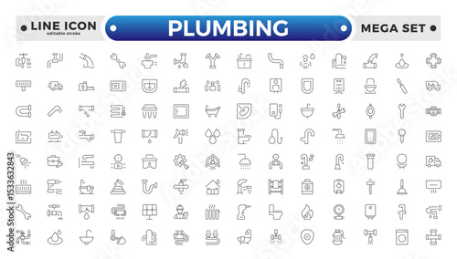Heating, Ventilation and Plumbing (HVAC & Plumbing) outline Icon Set – Home Maintenance, Repair & Construction Vector Collection. Editable stroke outline icon.

