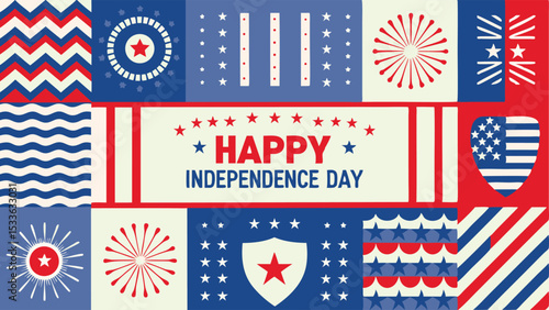 Happy independence day themed graphic with stars stripes and patriotic patterns and colors used all over