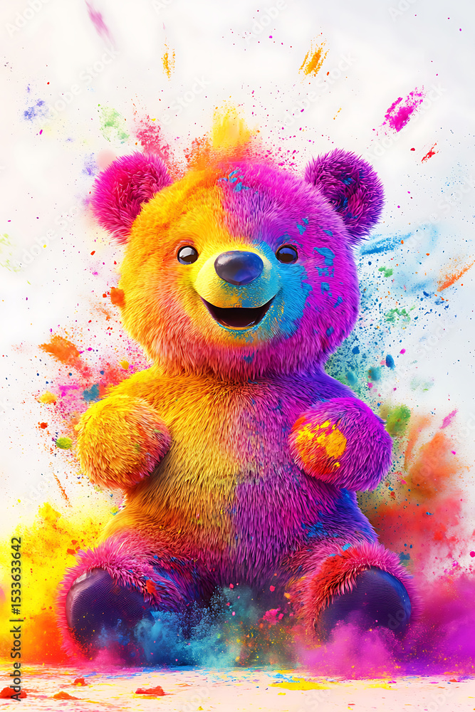 Fototapeta premium Colorful teddy bear surrounded by vibrant splashes of paint, evoking joy and creativity