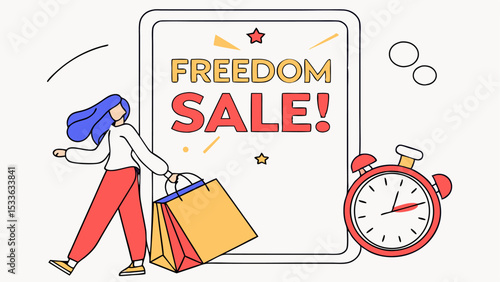 Woman with shopping bags next to freedom sale sign and clock promoting limited time offer for shoppers