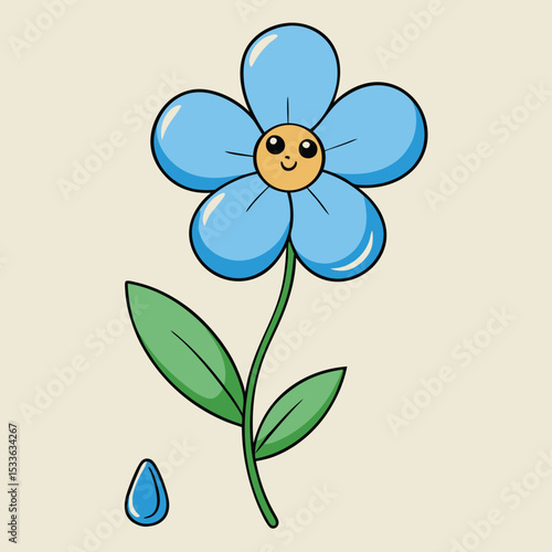 Whimsical image of a single forget-me-not with a tiny teardrop, symbolizing gentle remembrance.