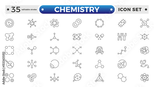 Chemistry outline icon set. Containing beaker, experiment, microscope, test tube, laboratory, molecule, and more. Line vector icons collection. Editable stroke outline icon.
