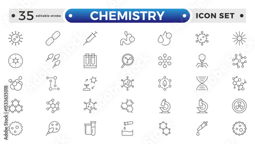 Chemistry outline icon set. Containing beaker, experiment, microscope, test tube, laboratory, molecule, and more. Line vector icons collection. Editable stroke outline icon.
