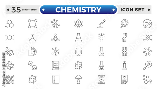 Chemistry outline icon set. Containing beaker, experiment, microscope, test tube, laboratory, molecule, and more. Line vector icons collection. Editable stroke outline icon.
