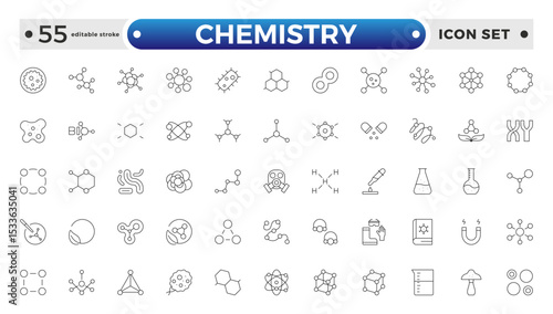 Chemistry outline icon set. Containing beaker, experiment, microscope, test tube, laboratory, molecule, and more. Line vector icons collection. Editable stroke outline icon.
