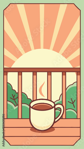 Cozy coffee cup enjoying the sunset view of a peaceful morning scene