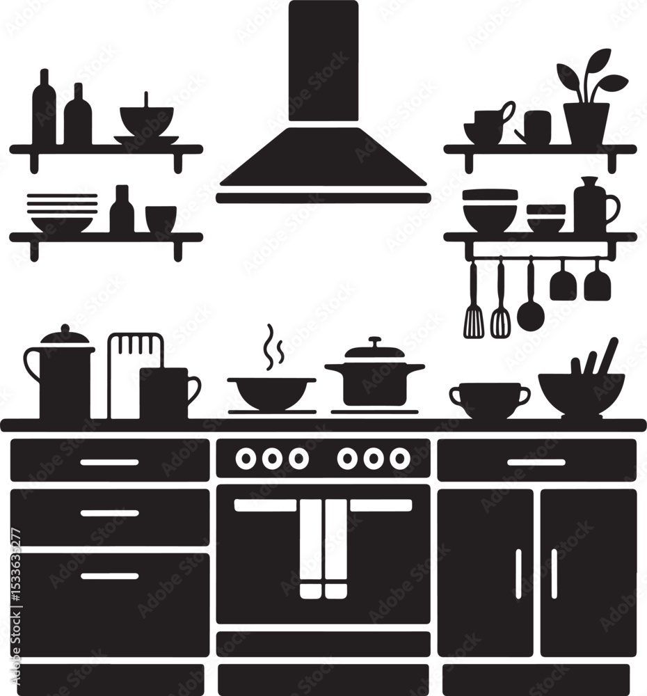 Modern kitchen silhouette with appliances and utensils Modern kitchen silhouette with appliances and utensils