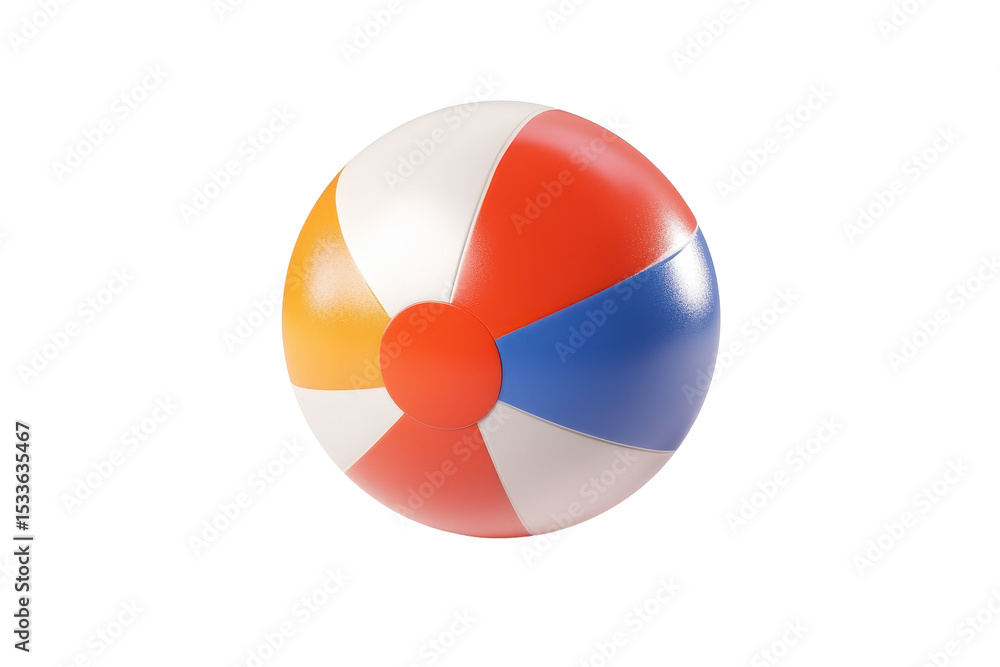 Obraz premium Colorful beach ball rests on a white background, perfect for summer fun and beach activities, evoking memories of sunny days and playful moments