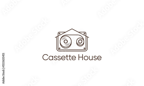 Radio cassette tape house logo. Home silhouette voice recorder.