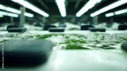 Close-Up Macro Shot of Bubbling Algae Bioreactor Tubes with Green Culture and Futuristic Lab Lighting