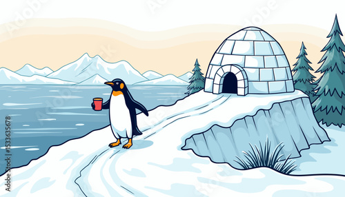 Penguin holding a cup near an igloo by the sea