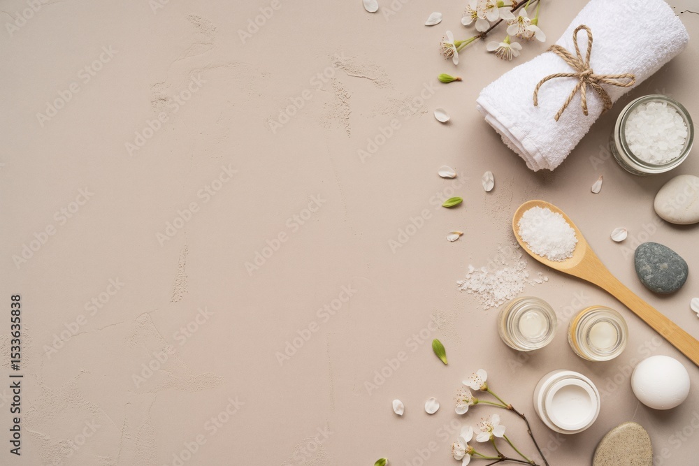 Spa Treatment Background with White Towel, Flowers, and Natural Products Spa Treatment Background with White Towel, Flowers, and Natural Products