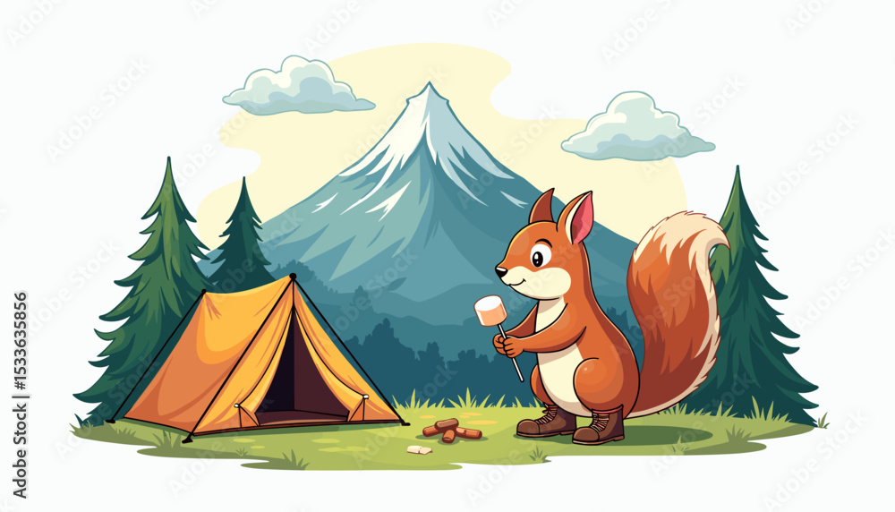 Naklejka premium Squirrel holding marshmallow near camping tent in mountains