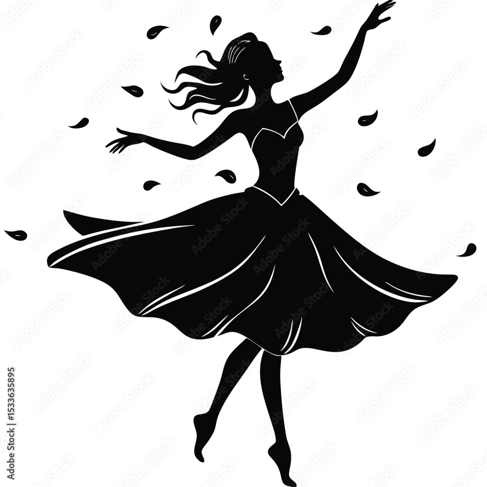 Obraz premium Petal-Layered Gown Vector Silhouette | Playful Hop Pose | EPS 10 Scalable