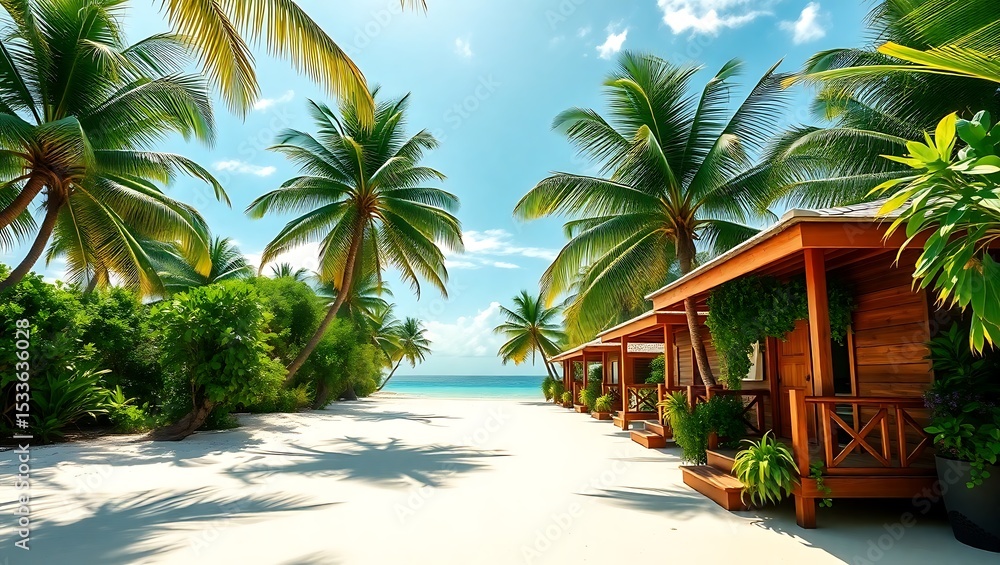 Fototapeta premium Tropical beachfront bungalows with palm trees