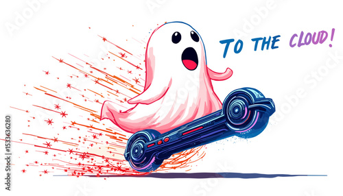Ghost riding a hoverboard with excitement against a colorful backdrop