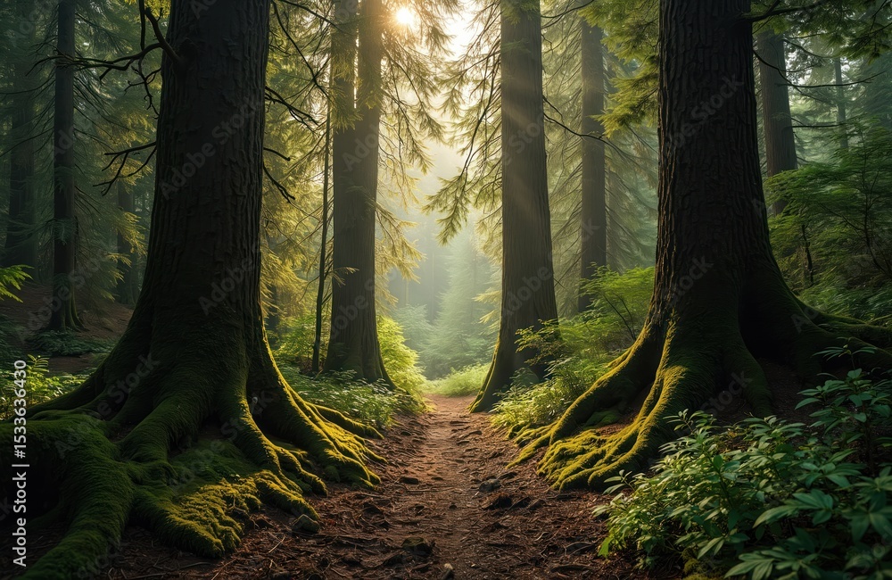 Fototapeta premium Path through enchanting Olympic National Park forest. Sun rays illuminate trees, moss-covered roots. Pacific Northwest, adventure, nature, travel, hiking, walking, eco tourism.