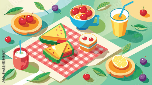 Delightful picnic scene with fresh fruits snacks and beverages on a white background