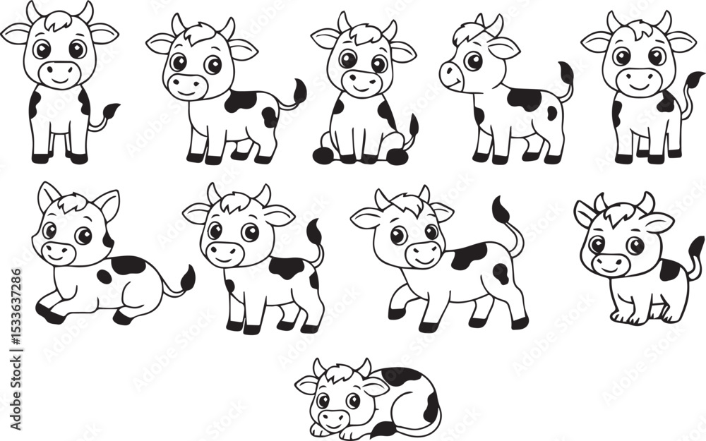 Cute Cartoon Cow Line Art Set Vector Illustration Cute Cartoon Cow Line Art Set Vector Illustration