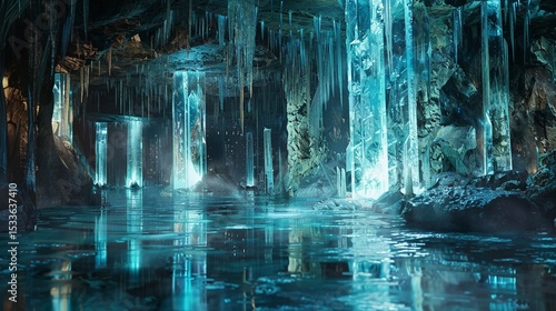 青く輝く氷柱が連なる幻想的な氷の洞窟のアート風景 
