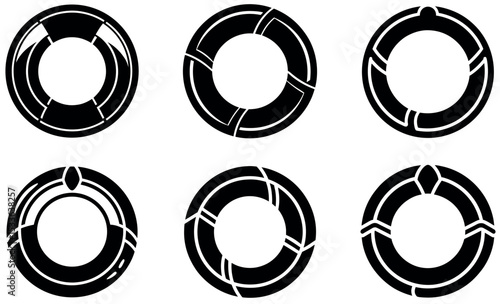 Set of Six Black and White Illustrations of Unique Circular Lifebuoys Designs
