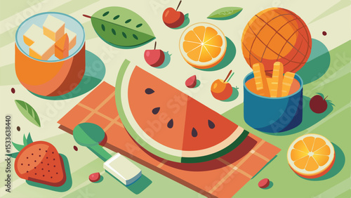 Flat lay of fresh fruits and drinks with summer picnic theme illustration