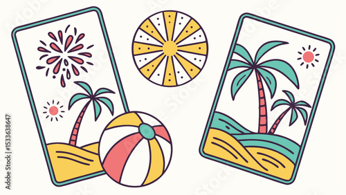 Illustration showing beach themed cards, a beach ball, and a sun with a radial design, summer theme 100 char