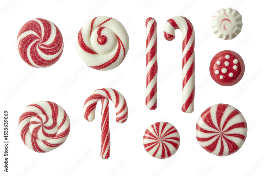 Fototapeta premium Collection of striped red and white candy showcased on a clean surface, perfect for festive occasions, parties, or sweet displays that evoke holiday cheer