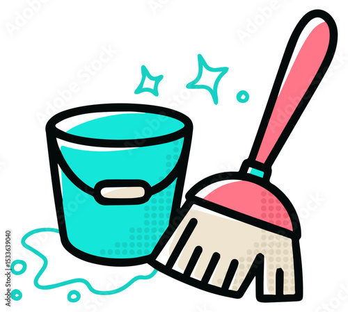 Vector Illustration of Cleaning Tools with Bucket and Broom