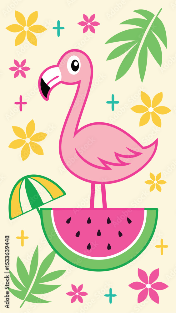 Naklejka premium Fun flamingo illustration resting on watermelon with decorative floral elements
