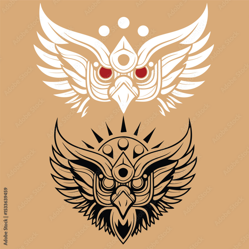Fototapeta premium Owl with eagle wings tribal tattoo vector design emblem symbol