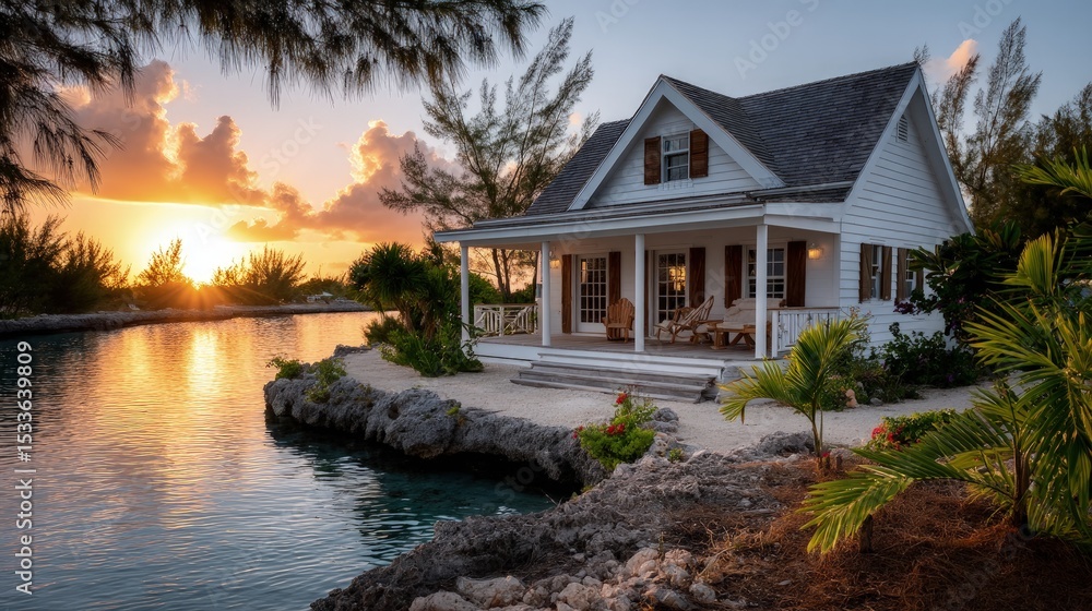 Obraz premium Sunset lakeside house