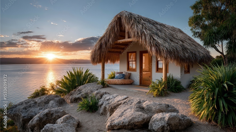 Fototapeta premium Sunset overlook lake cabin