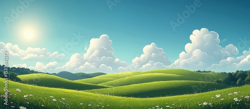 Sunny meadow landscape with rolling hills