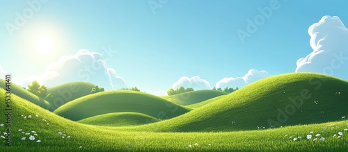 Lush green hills under a bright sky
