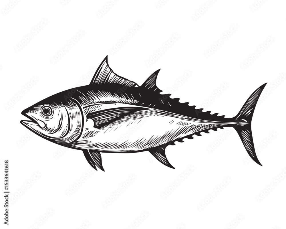Obraz premium Vector line illustration of tuna fish in black and white