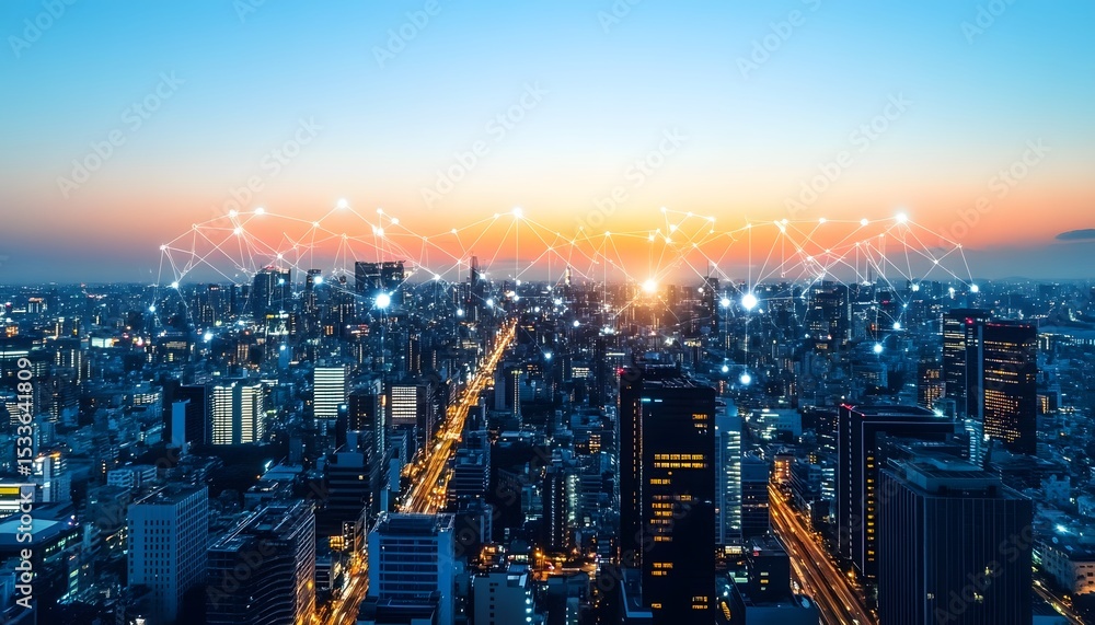 Fototapeta premium Urban cityscape at twilight with interconnected network overlay.