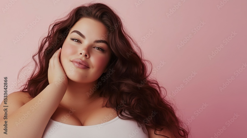 Naklejka premium A beautiful plus-size woman standing confidently against a pink background, radiating confidence and beauty.