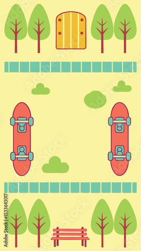 Illustration of a park scene with skateboards and trees in flat vector design