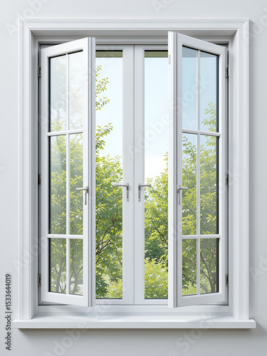 Windows with opened casements, vector white plastic frames, sills and glass panes, architecture and interior design. Realistic 3d windows with PVC, metal or aluminum profiles, locking handles