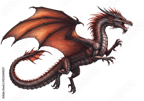Majestic Red Dragon: Fantasy Creature Art, Mythological Beast Illustration on white background