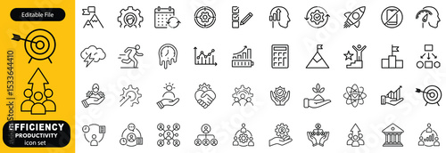 Set of efficiency related line icons. Productivity, optimization, improvement vector design, etc icon set