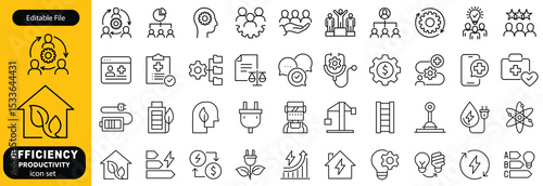 Set of efficiency related line icons. Productivity, optimization, improvement vector design, etc icon set