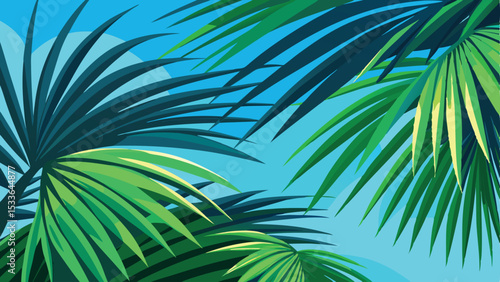 Lush green palm leaves against a turquoise sky summer tropical background design
