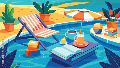 Leisurely scene by the poolside depicting relaxation with drinks and books
